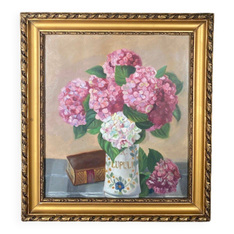 Watercolor bouquet of hydrangeas still life 20th golden frame