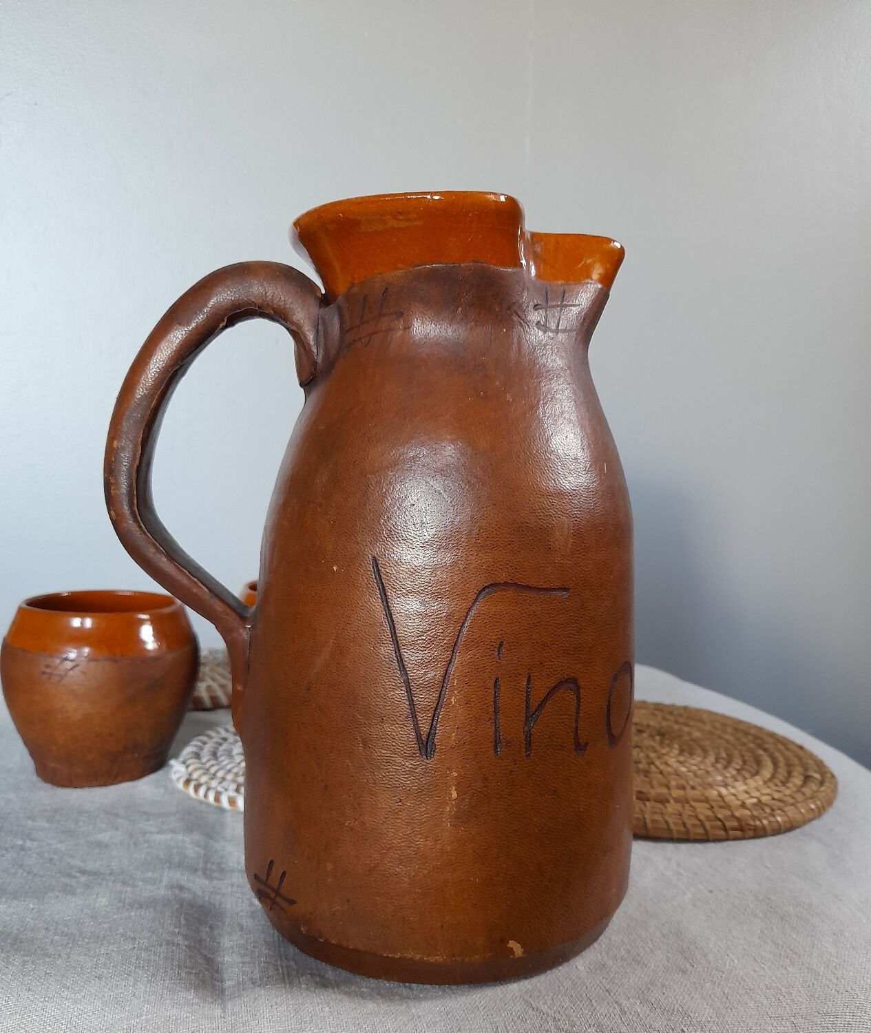 Pitcher & ceramic and leather glass set by Artesania Raymon, Spain 1950