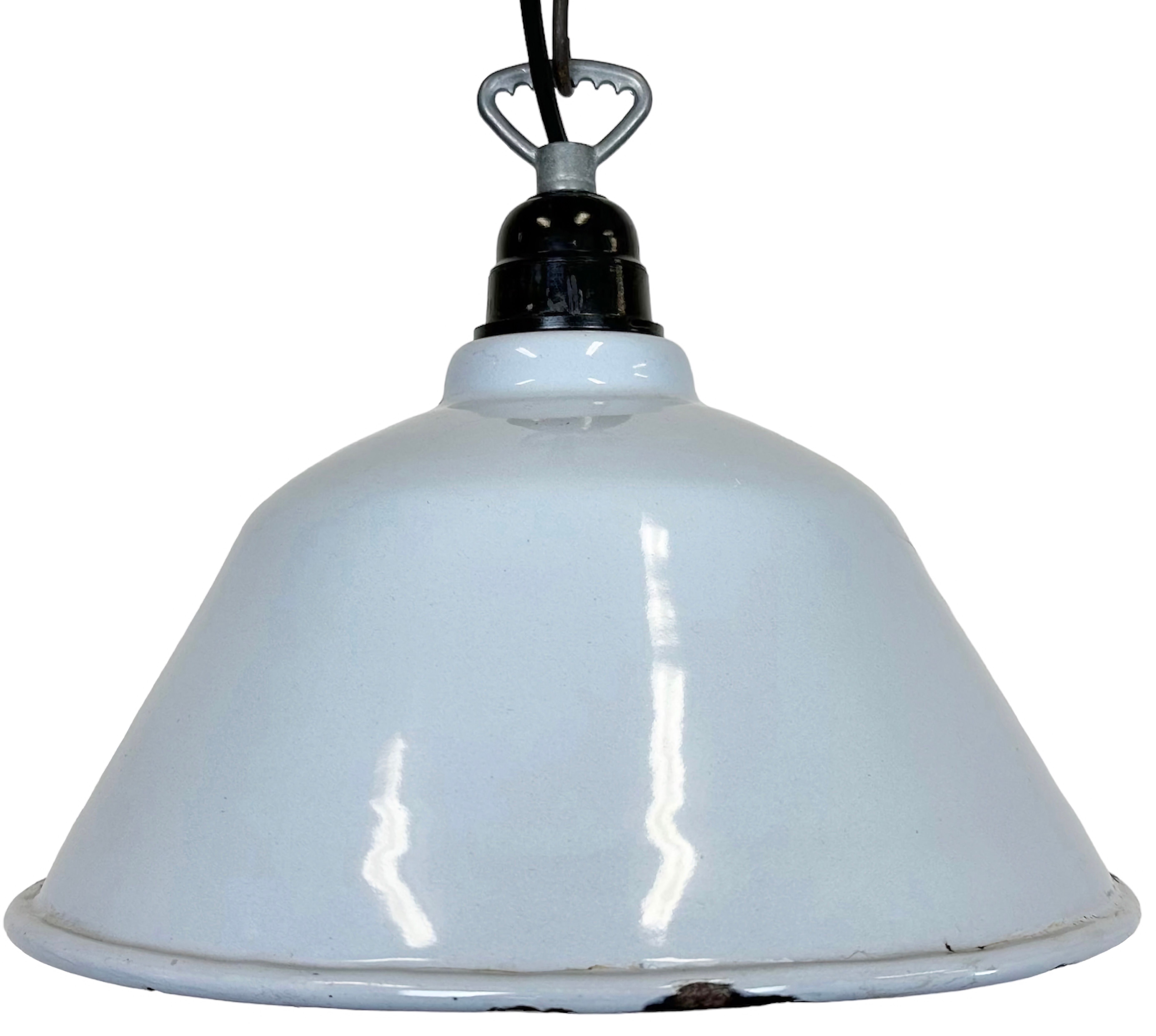 Industrial French Grey Enamel Factory Pendant Lamp, 1960s