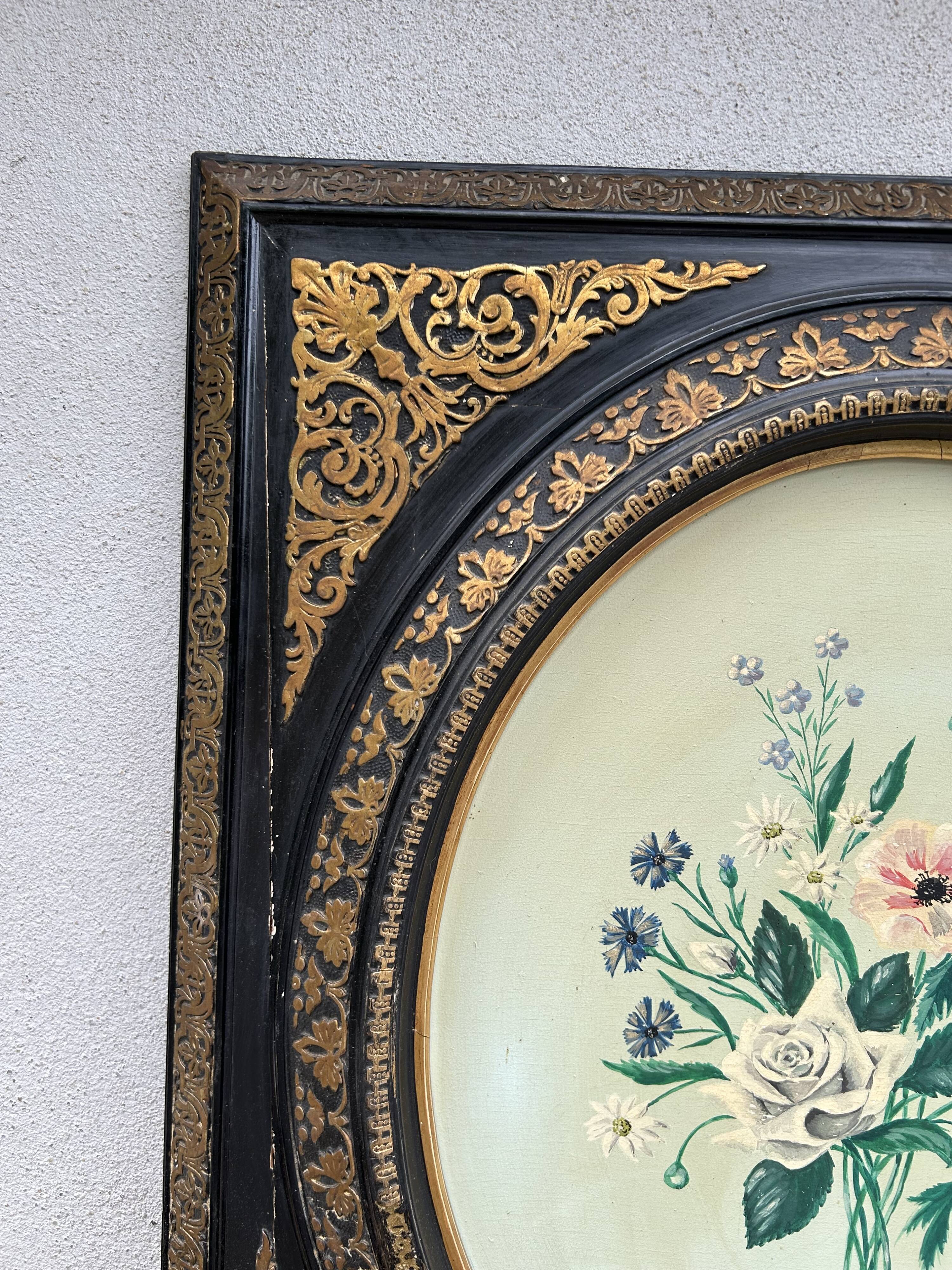 Painting of a bouquet of flowers on a panel in a medallion frame, Napoleon