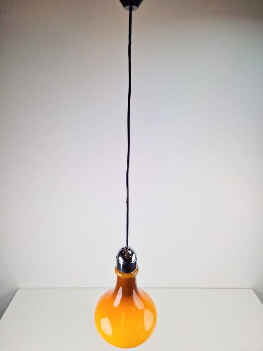 Vintage Scandinavian Drop Pendant Lamp in Brown Opal Glass and Chrome from Peill & Putzler, 1960s
