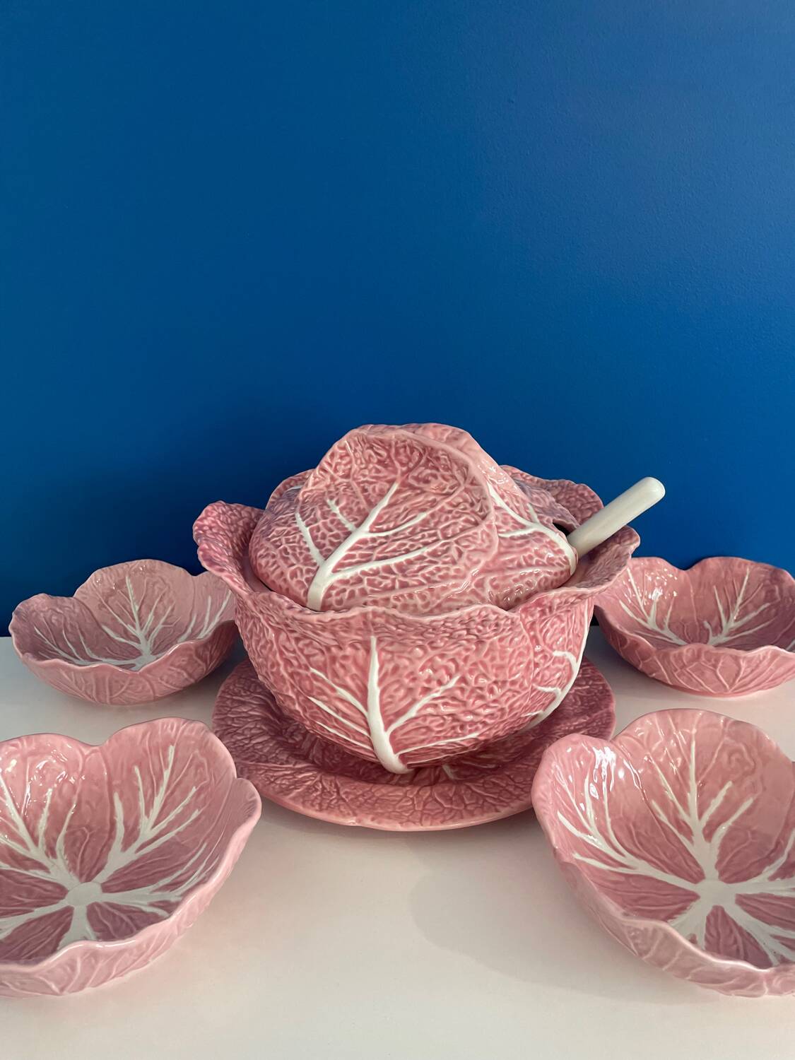 Soup tureen and bowl set with pink cabbage slip