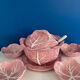 Soup tureen and bowl set with pink cabbage slip