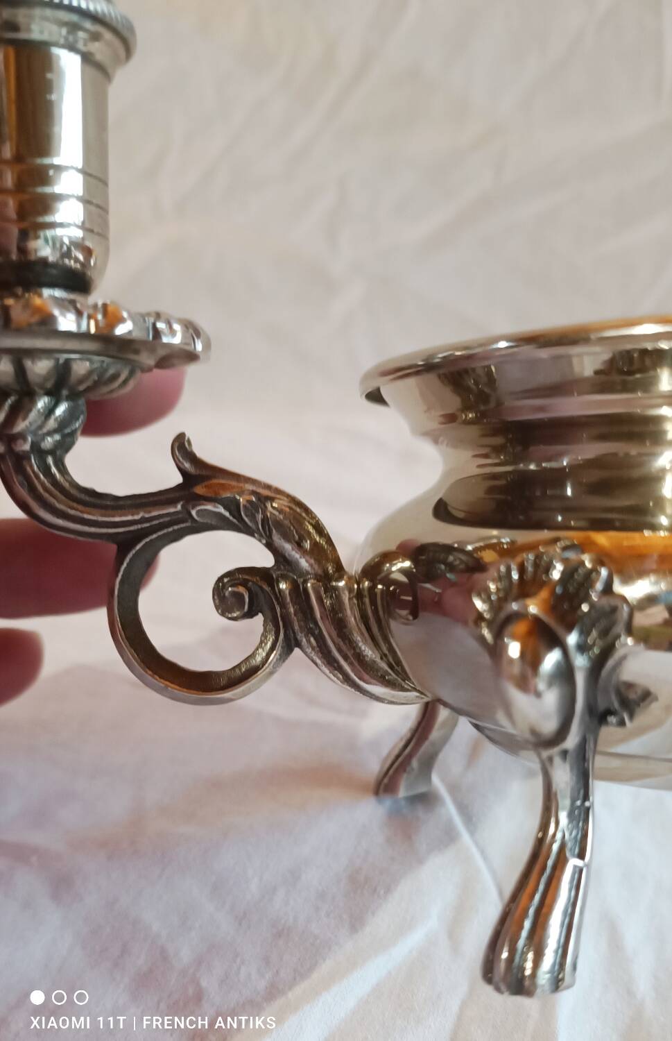 Silver-plated candlestick burns scented oil, Art Nouveau style, late 19th century.