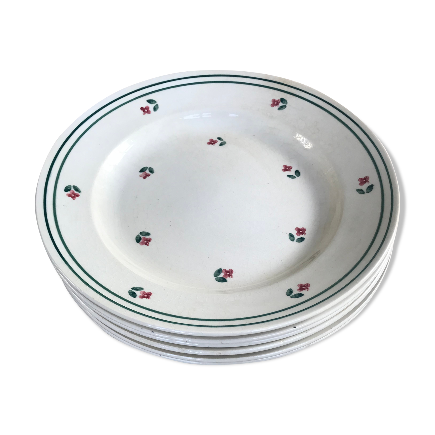 Lot of 6 white plates pattern flowers signed Gien porcelain