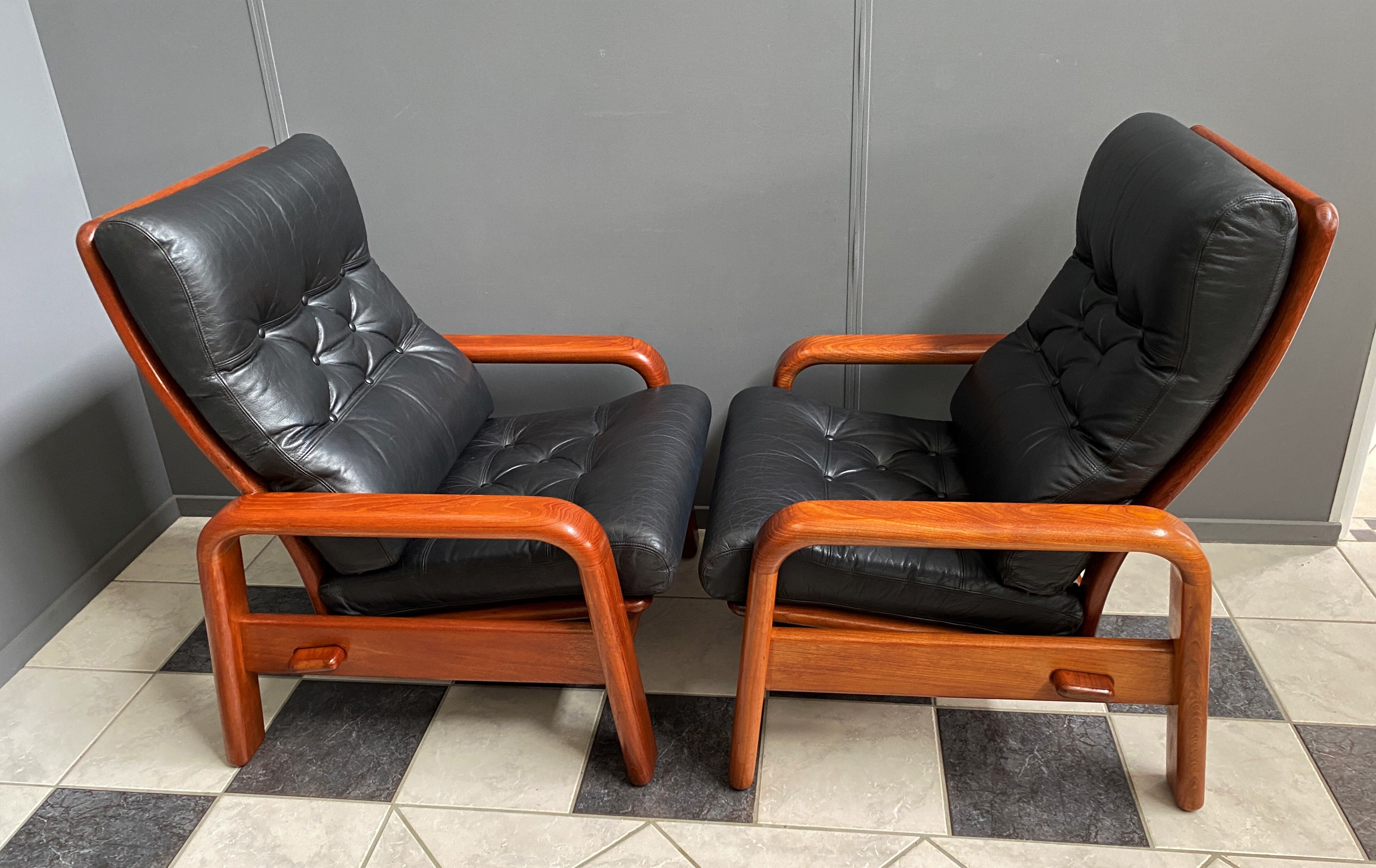 Set of two Danish teak and leather chairs by HS Denmark 1970s