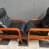 Ensemble de deux fauteuils danois en teck et cuir par HS Danemark 1970s