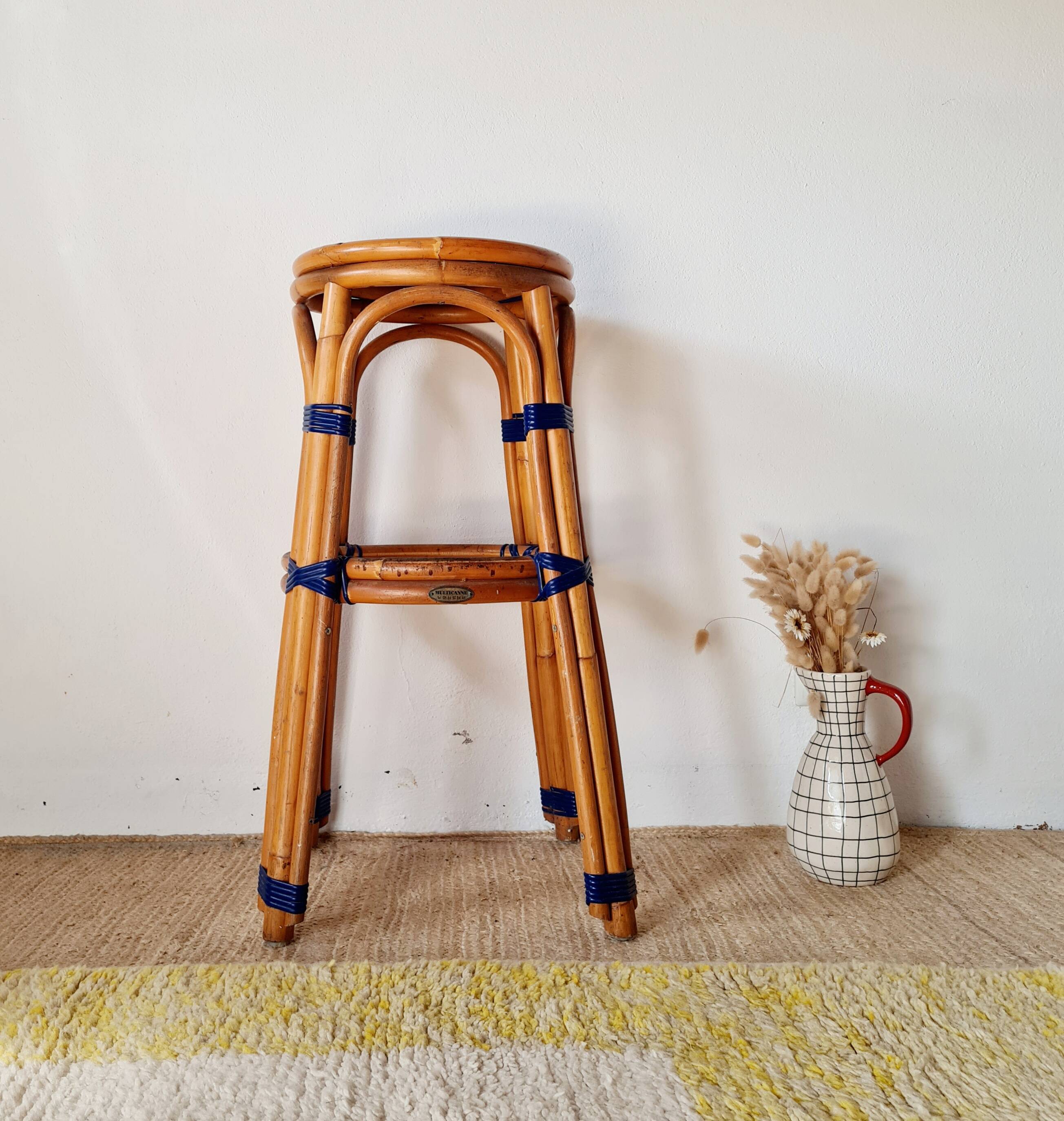 Vintage high stool Multicanne - Rattan & blue Rilsan - French