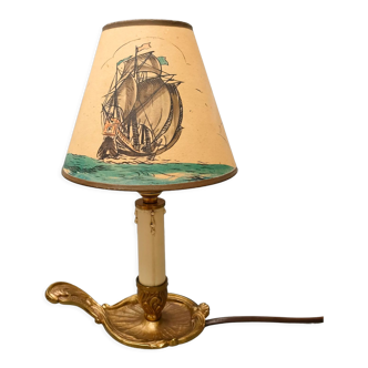 Bronze cellar rat candle holder, electrified with its original lampshade - signed Ferry