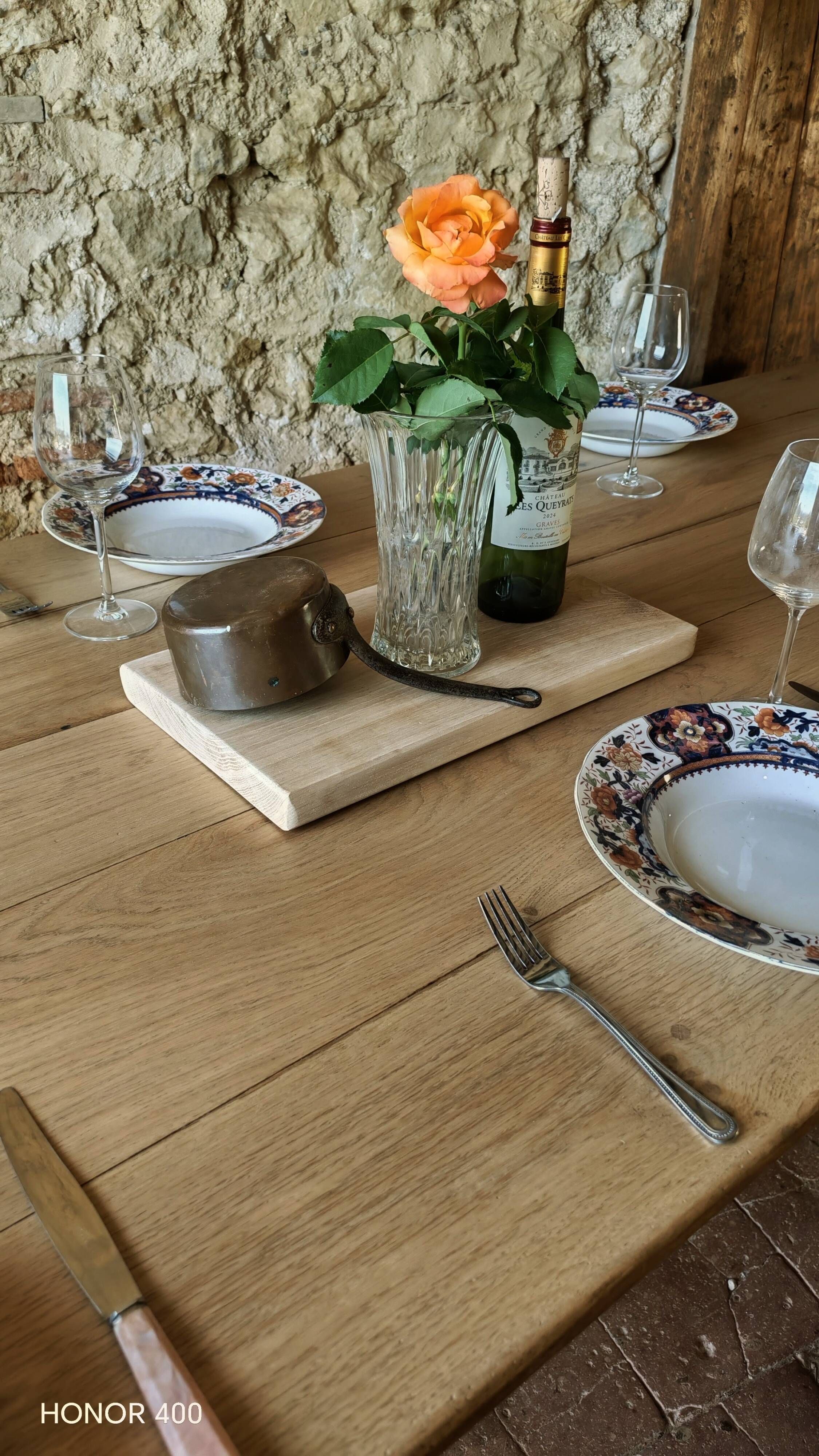 Solid oak farmhouse table "raw" 247x89, "chocolate oak" top