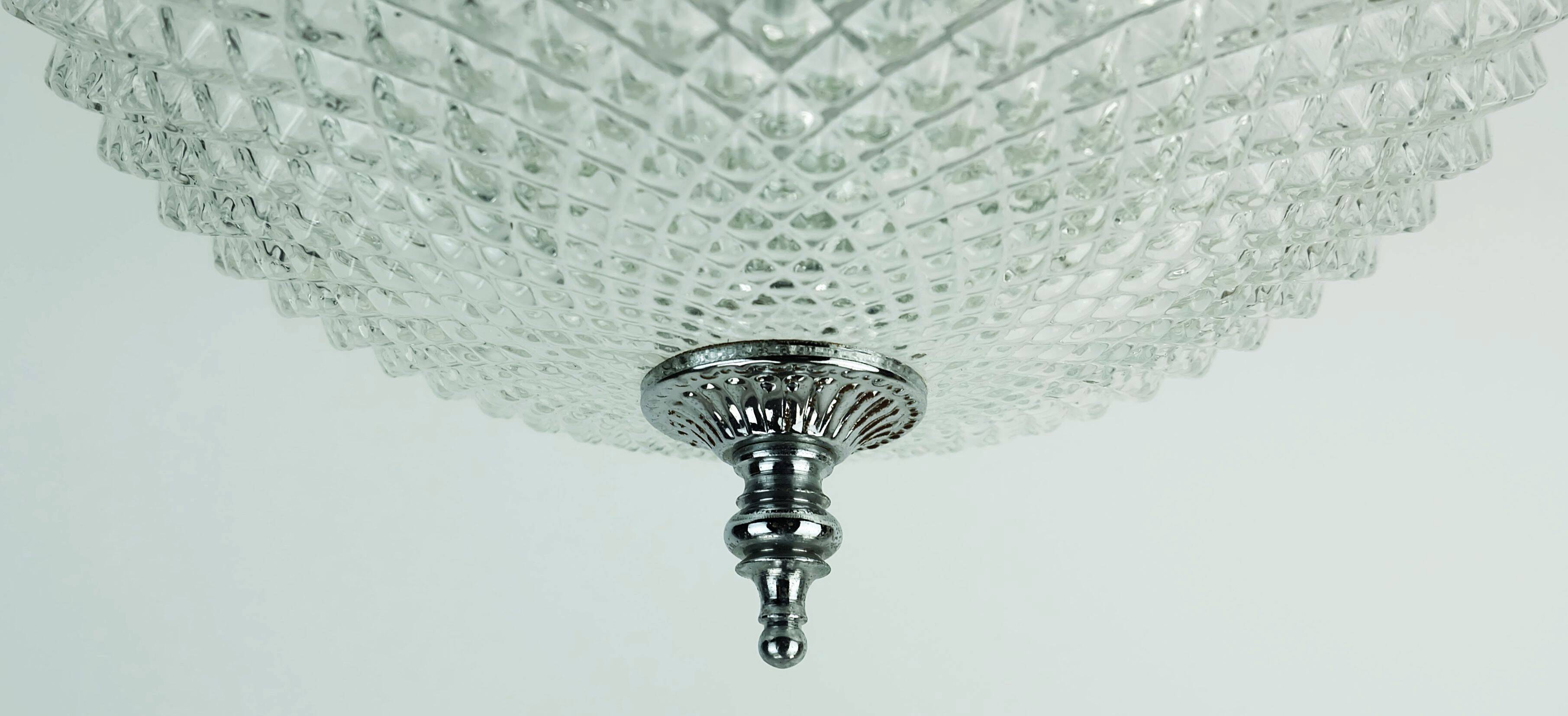 Vintage glass ceiling lamp textured glass and chrome 1970s