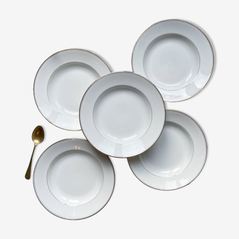 5 soup plates in white, gold-plated Limoges porcelain