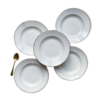 5 Assiettes creuses en porcelaine de Limoges blanches dorées