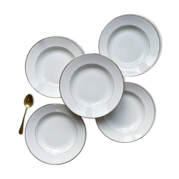 5 deep plates in white and gold Limoges porcelain