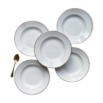 5 soup plates in white, gold-plated Limoges porcelain