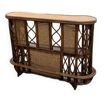 Rattan and bamboo bar, canework, varnished, two shelves, vintage 1970