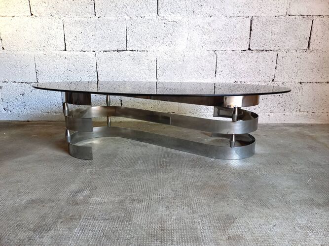 Vintage coffee table in smoked glass and chrome metal 70s