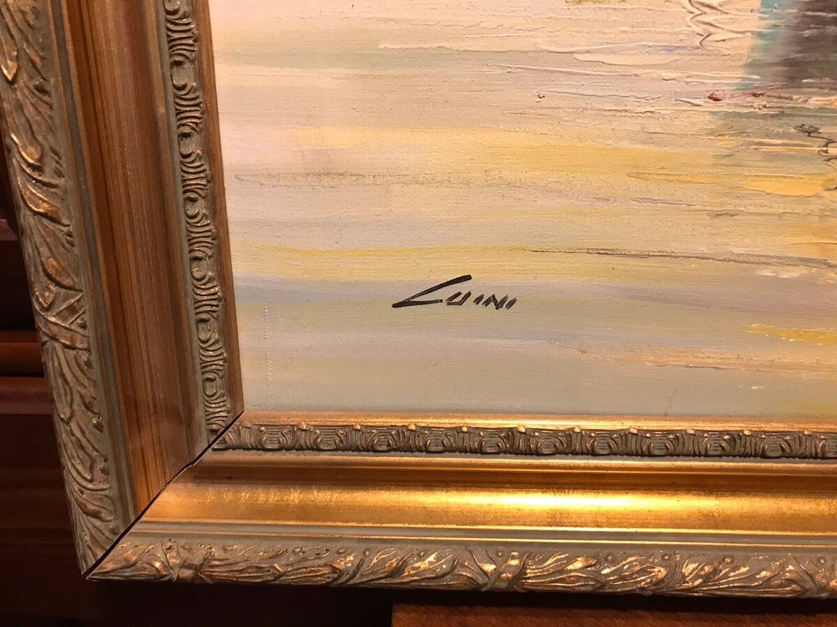 Oil on canvas john luini marine view boats + golden frame