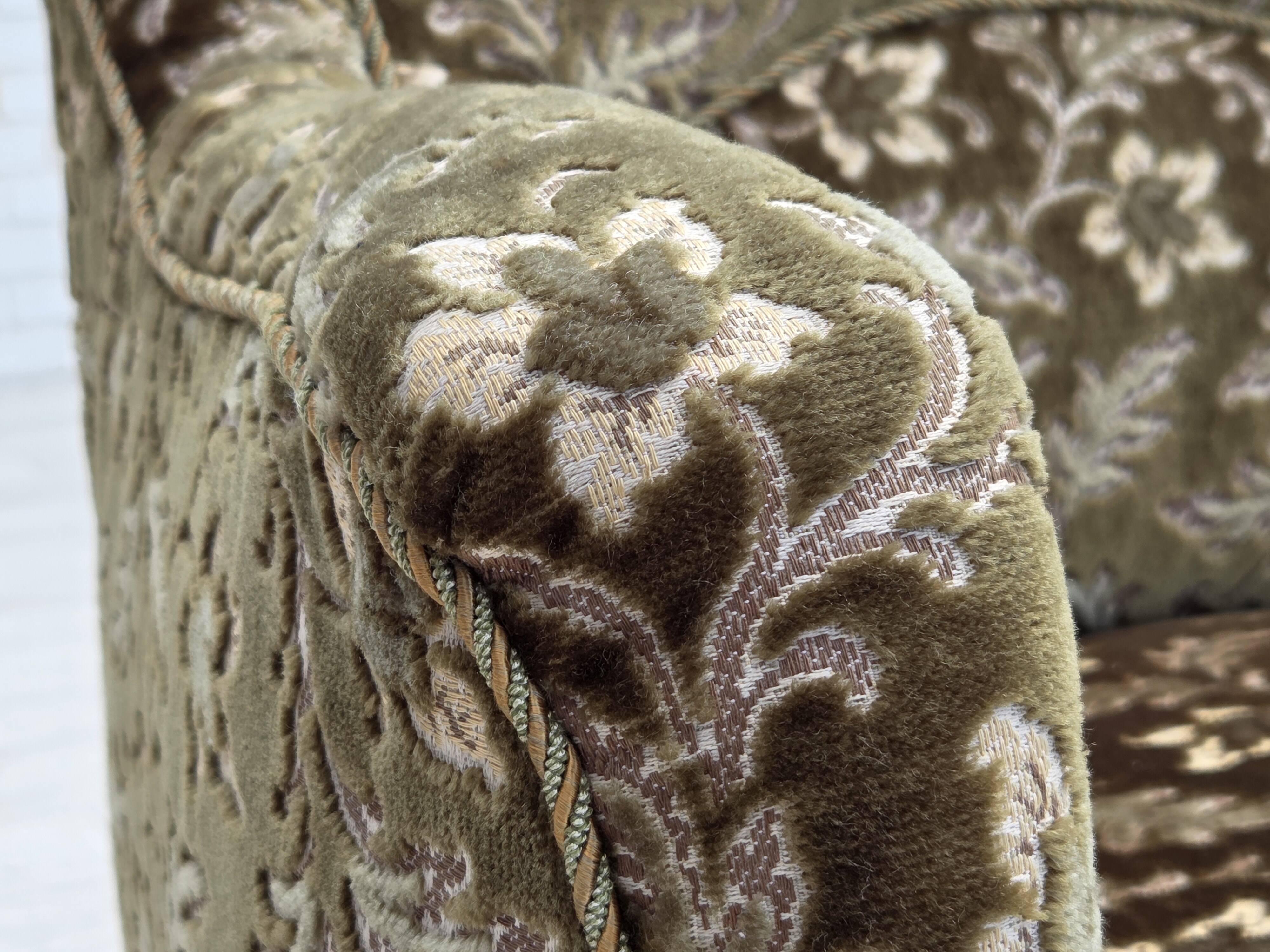 1950s, Danish armchair, green furniture velour, ash wood legs.