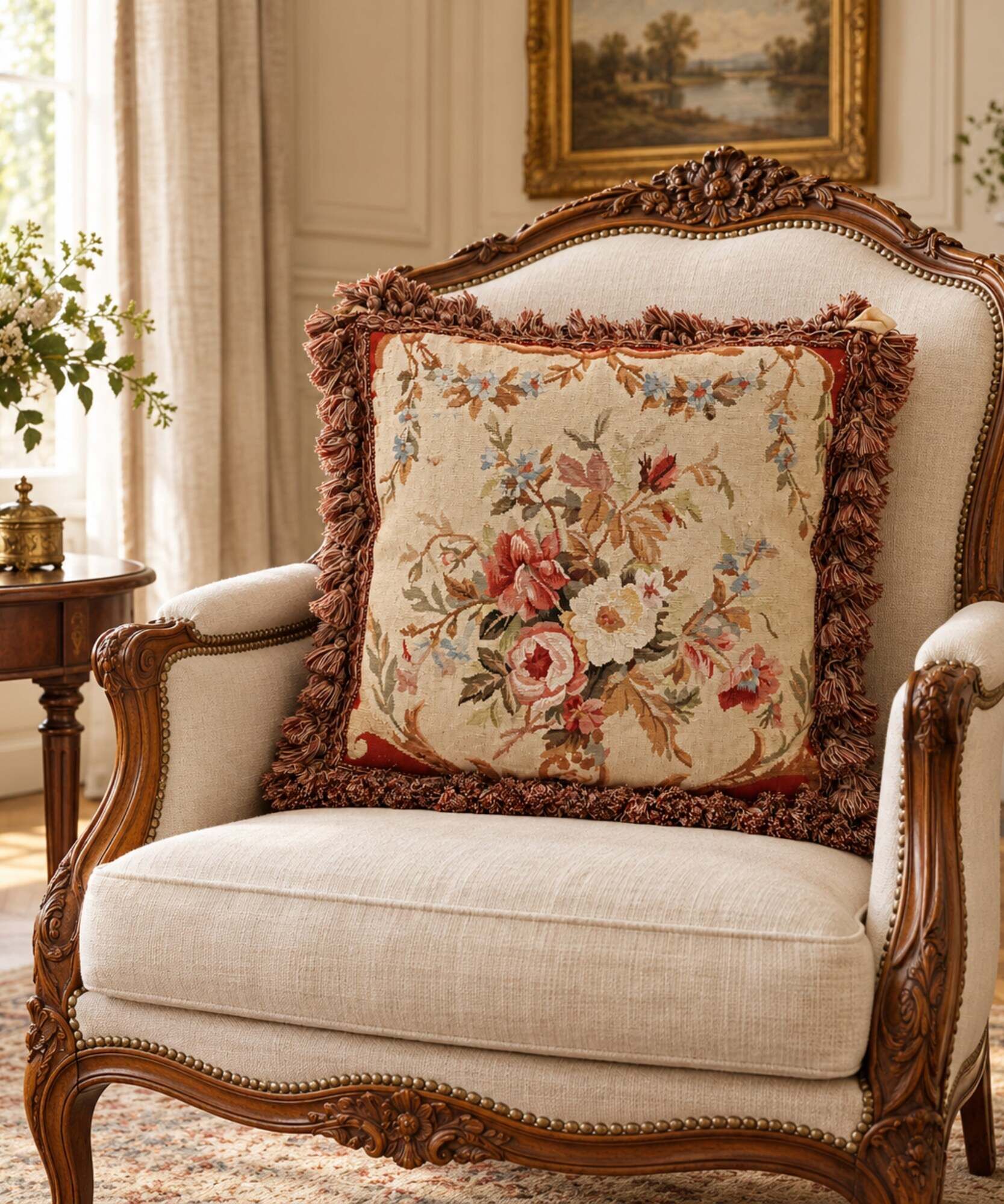 French Style Cushion Cover Handwoven Aubusson Tapestry Floral Rose Bouquet
