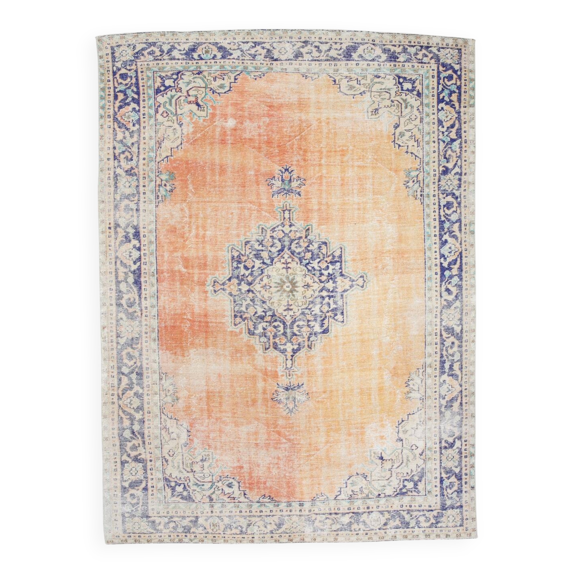Blue Orange 250x350 cm Carpet, Vintage Large Rug, Turkish Antique Rug.