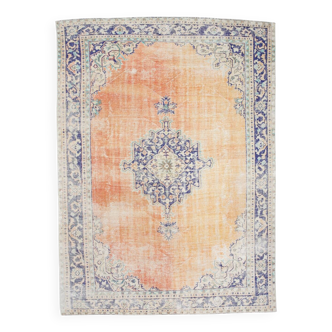 Tapis Bleu Orange 250x350 cm, Grand Tapis Vintage, Tapis Antique Turc.