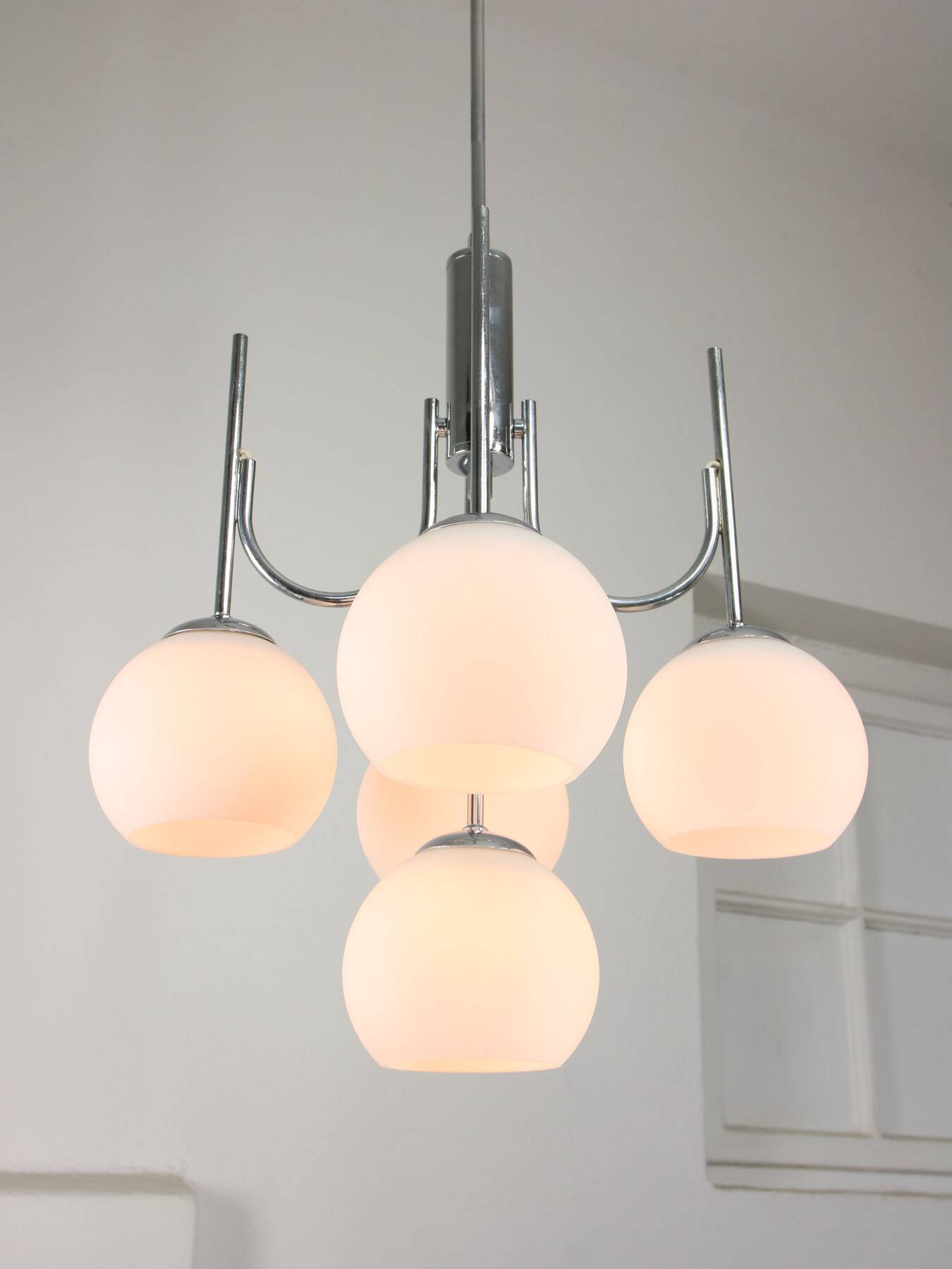 Vintage Italian Chrome and Opaline Chandelier, 1970s