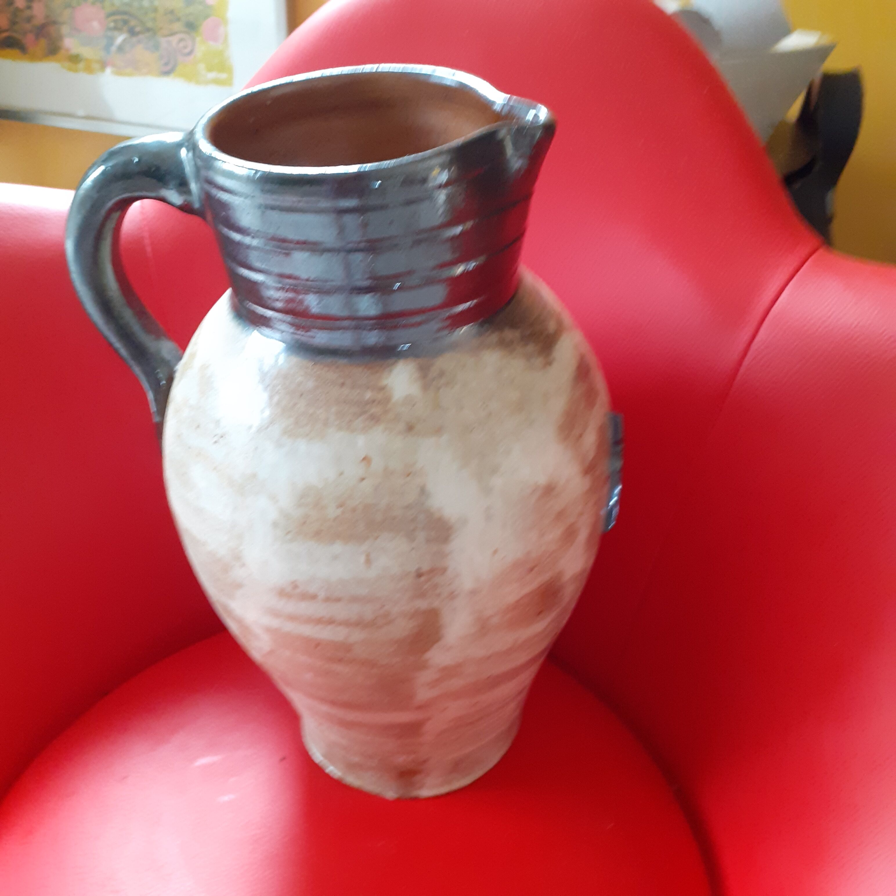 Large sandstone pitcher, Hermine décor Signed A.R.M.