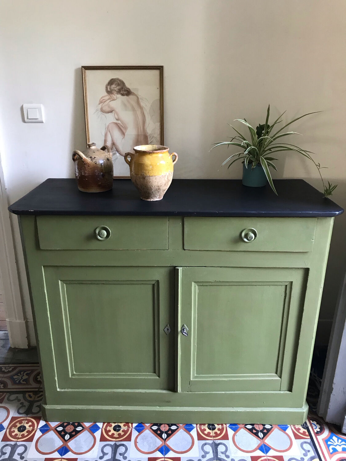 Buffet en bois peint en vert olive, XIXème s.