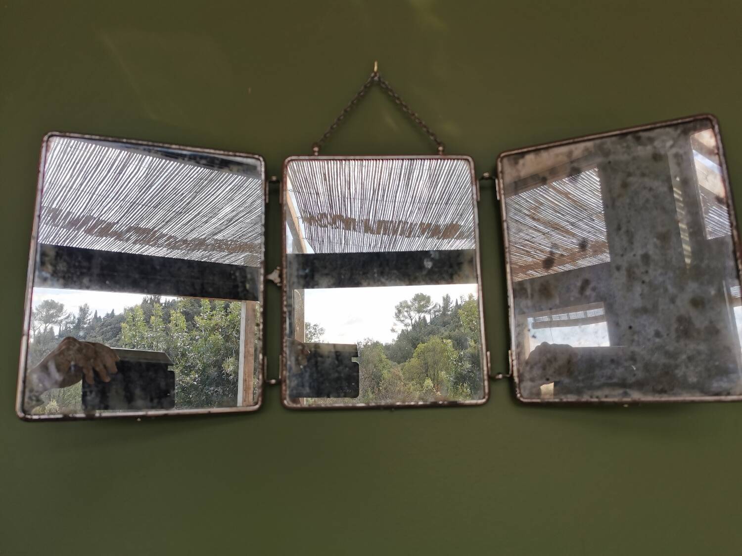 Antique triptych barber mirror