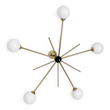 Stilnovo chandelier, 1960s, brass and glass, 5 light points