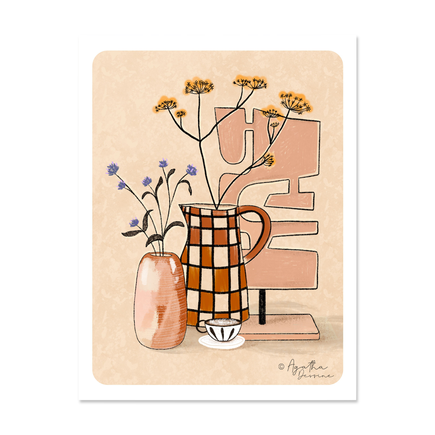 Illustration A4 "Coffee, vase and dried flowers"