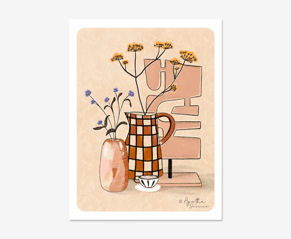 Illustration A4 "Café, vase et fleurs séchées"