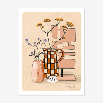 Illustration A4 "Coffee, vase and dried flowers"