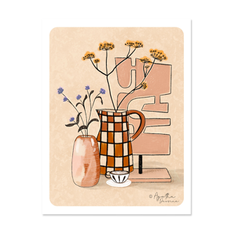 Illustration A4  "Café, vase et fleurs séchées"