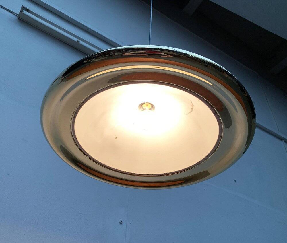 Postmodern Italian vintage brass suspension UFO model S-481 by Luci Italia, 1970s.