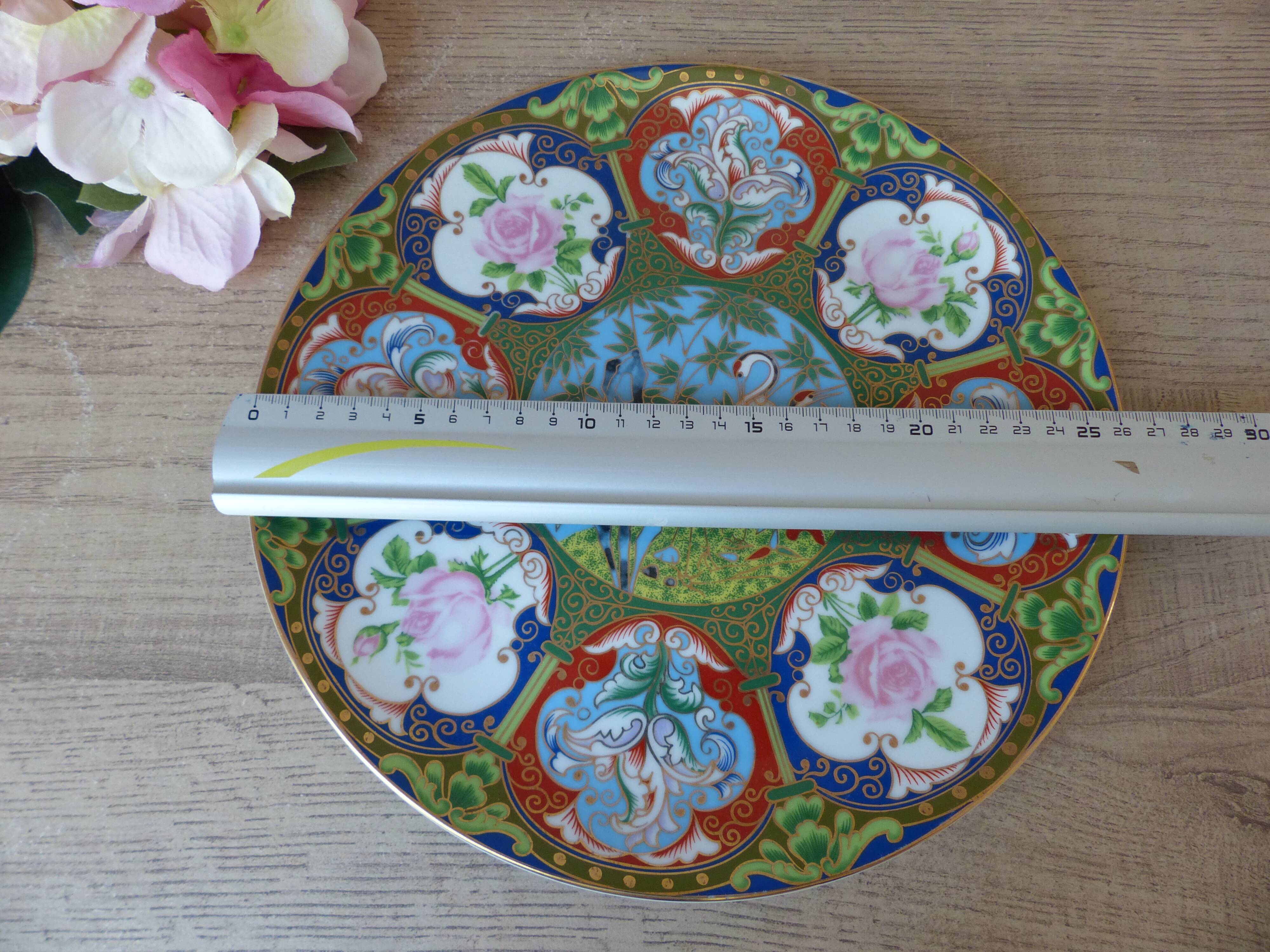 Vintage Japanese plate – Hand-painted cranes and flowers