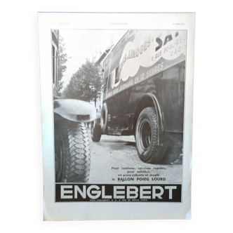 Publicité papier revue d'époque 1933 pneu englebert illustration camion paris- limoge