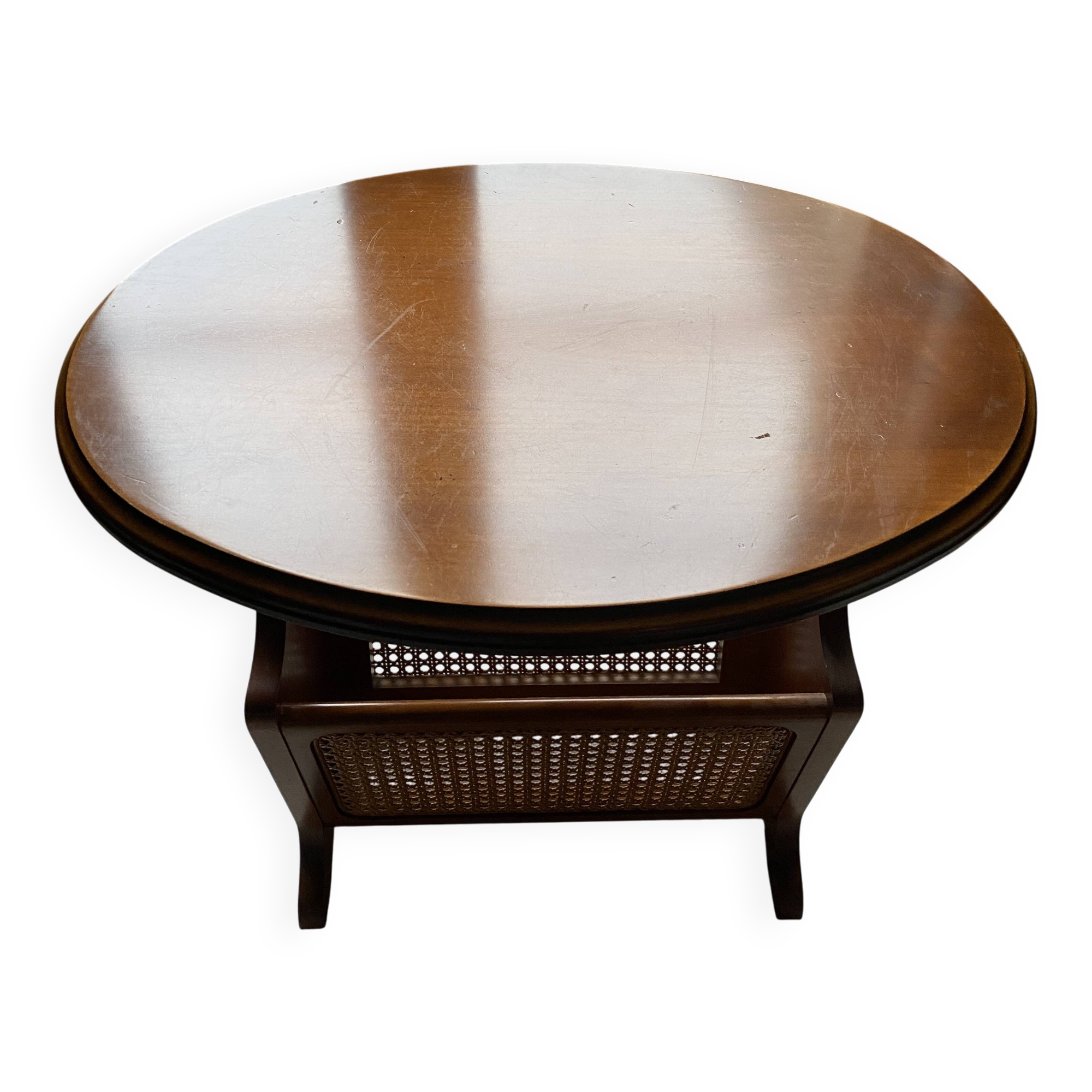 Wooden and cane magazine rack with tray on top, very good condition