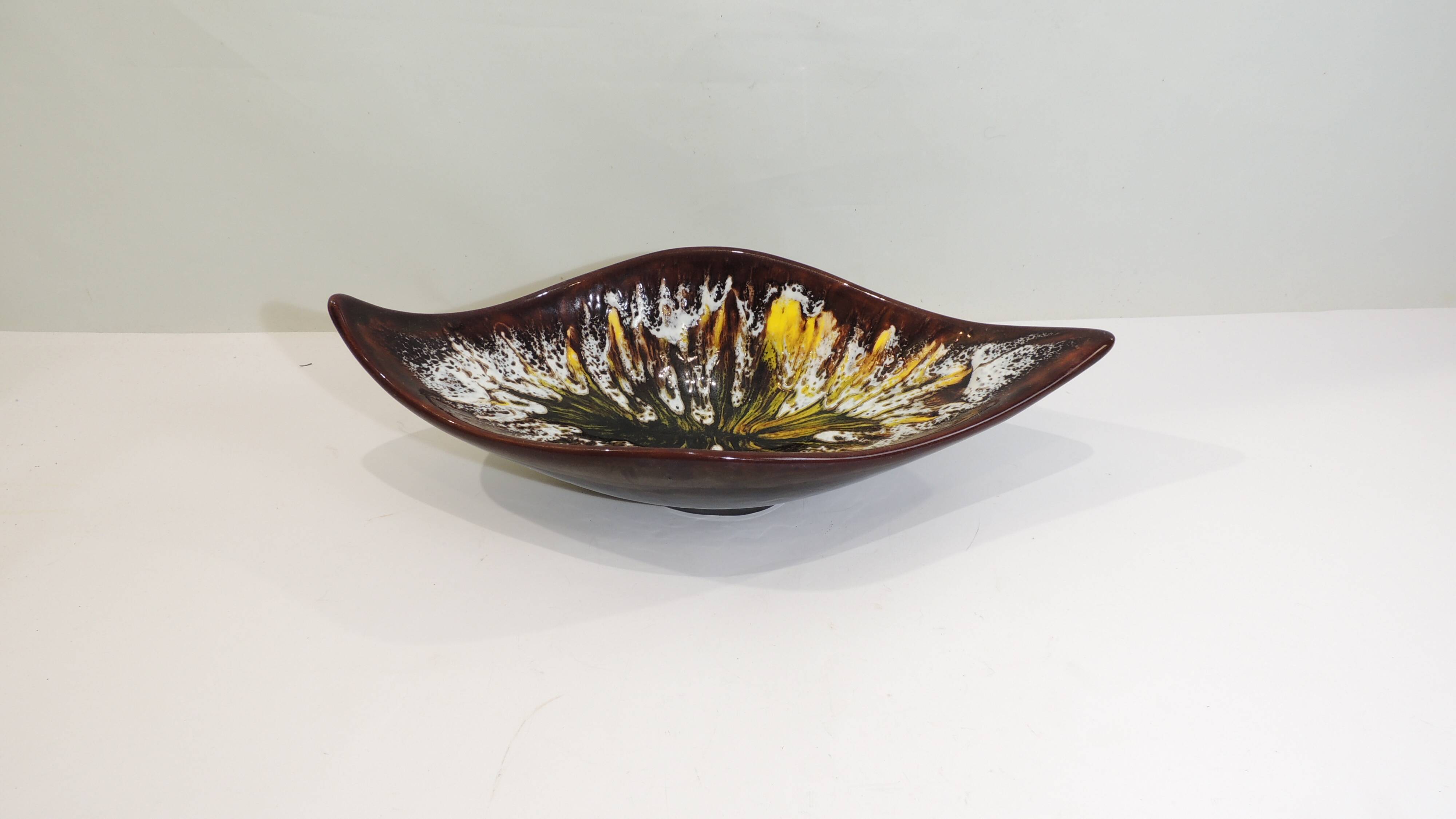 Vintage decorative dish in brown and yellow glazed ceramic from the 70s