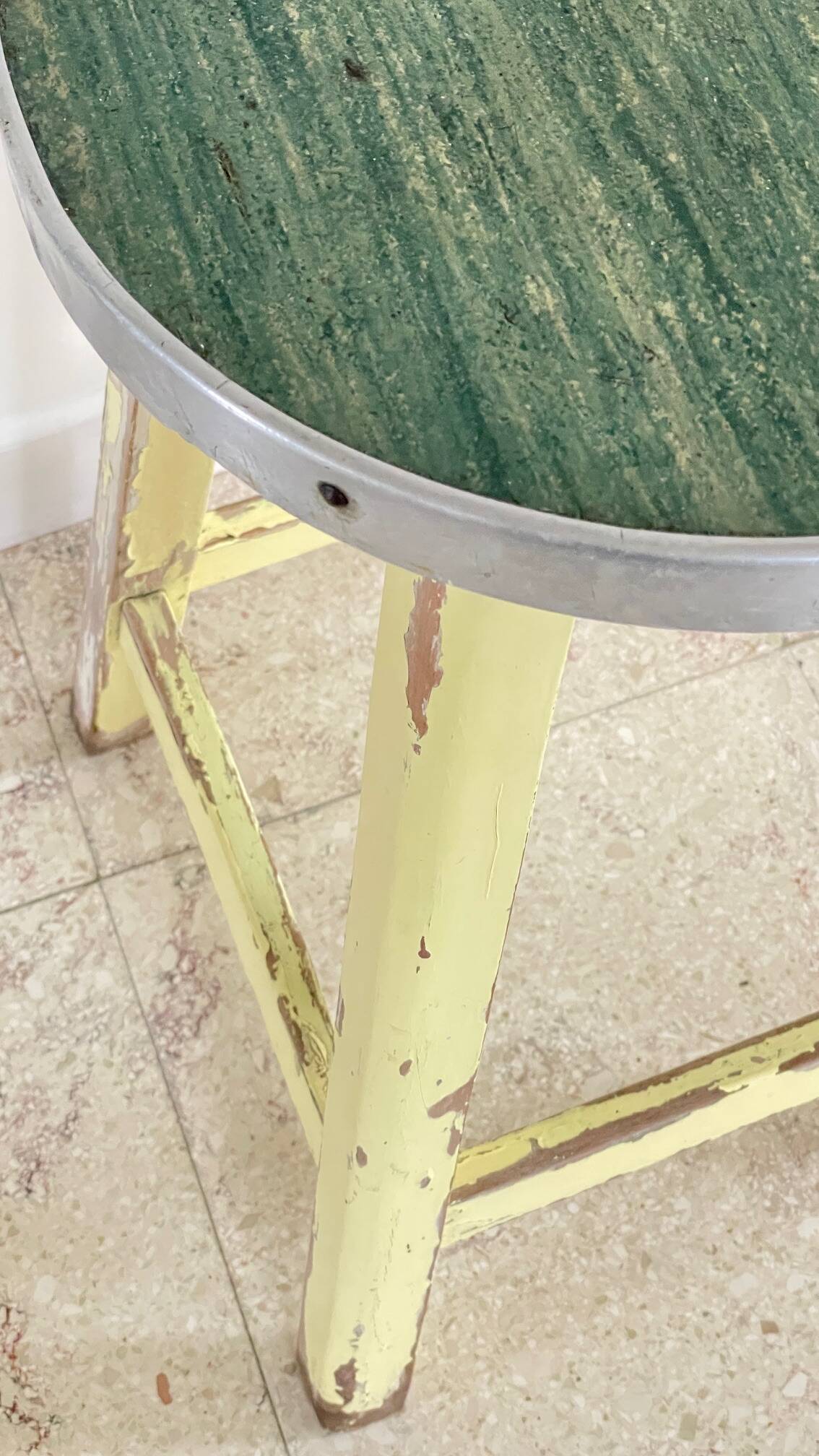 Vintage stool in solid oak green seat