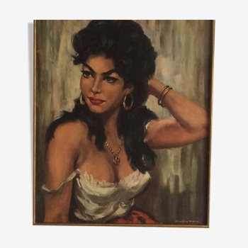 Portrait d'une femme gitane. Huile sur toile signée. Format 12F.