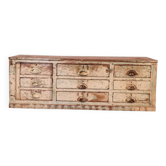 Antique 9-drawer workshop cabinet in Burmese teak with original ecru patina