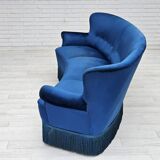 1960s, Danish 3-seater curved sofa, blue furniture velour, beech wood legs.