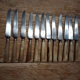 Box 12 old cheese knife 19th blade steel virole silver handle horn