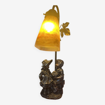 Lampe art nouveau avec régule et tulipe pate de verre signée Muller Fréres Luneville