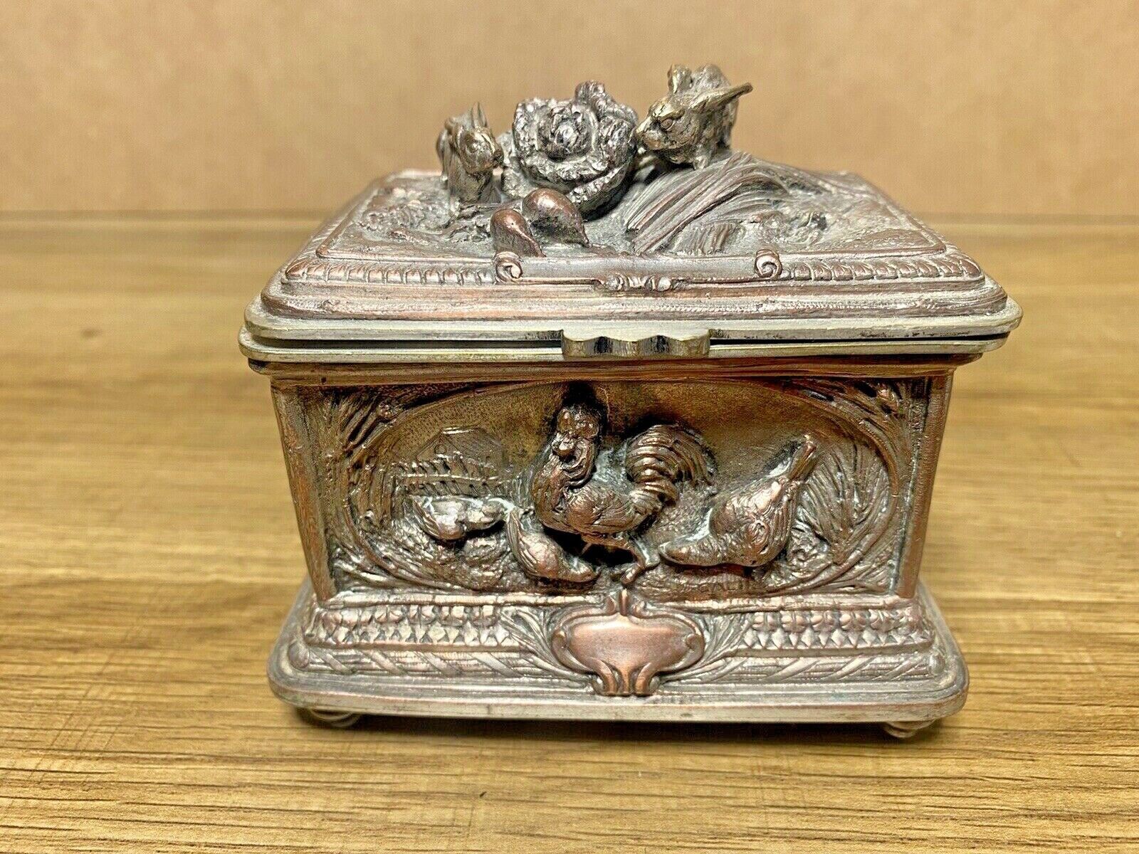 Old signature silver bronze box box, decor hunting scenes