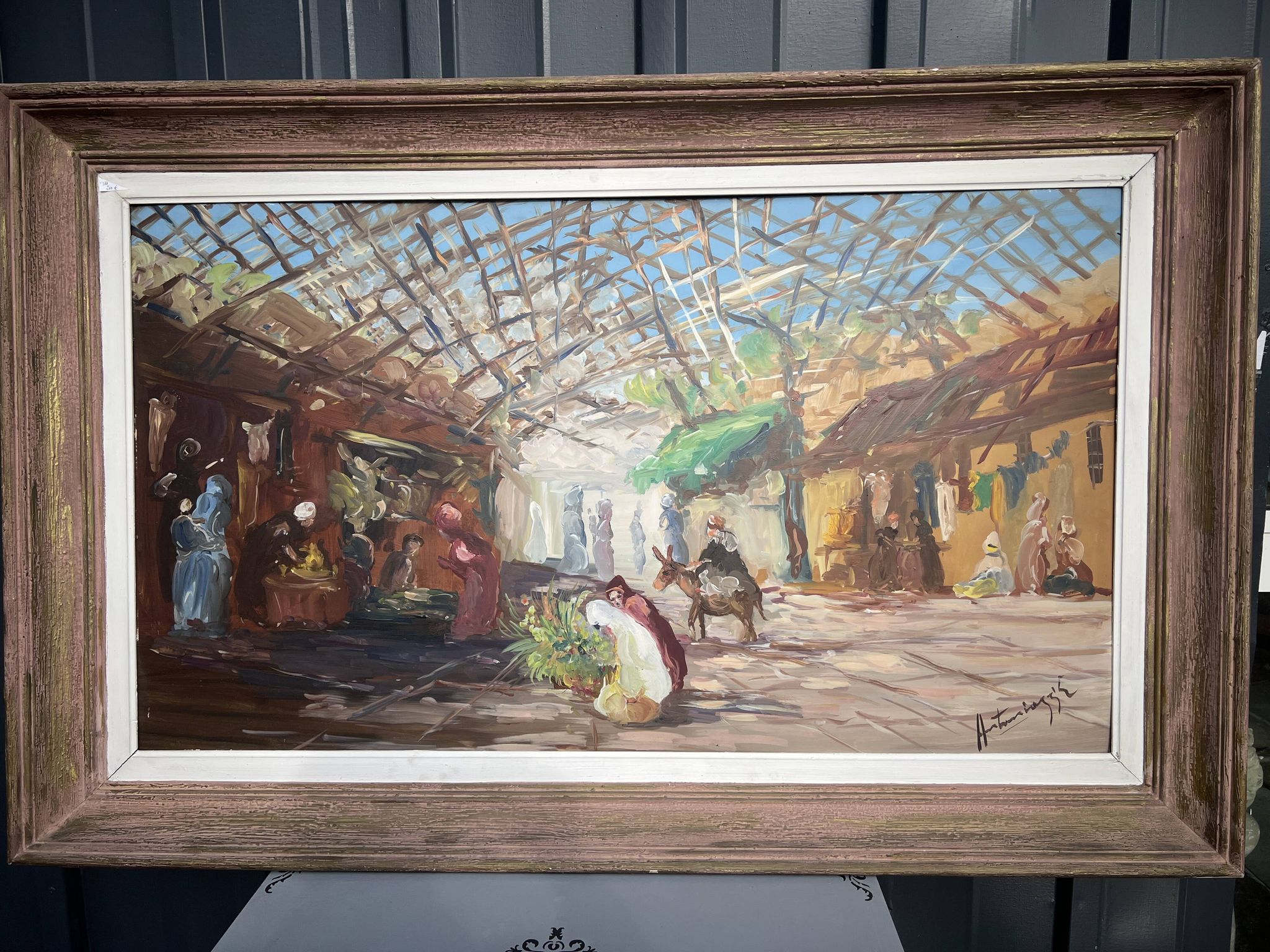 Tableau Huile-sur-Panneau , Le Marché oriental ou Souk signé Antoniazzi