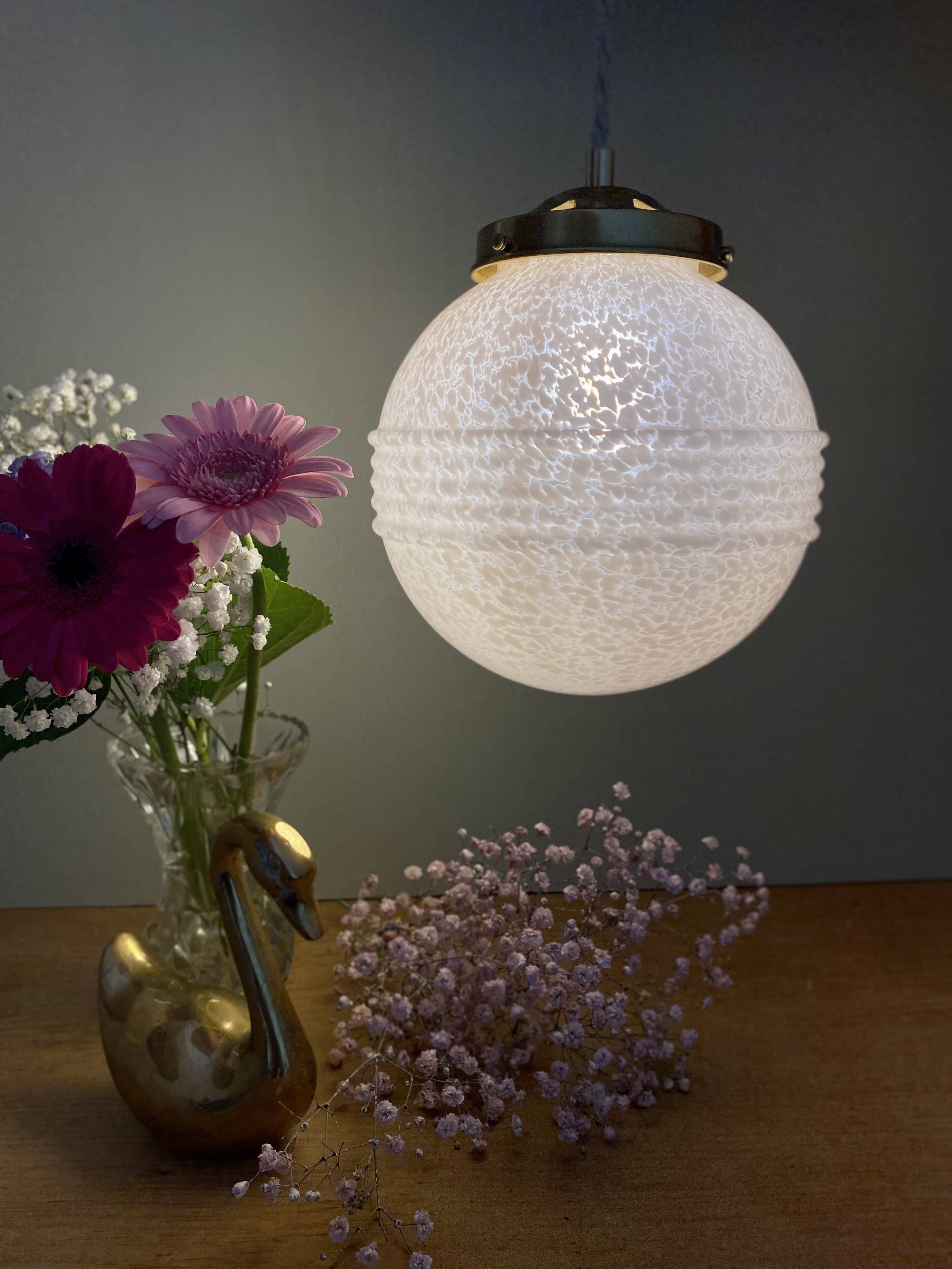 Vintage art deco globe pendant light in pink Clichy glass