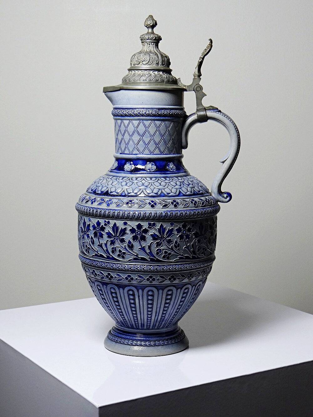 Large beer pitcher in salt-glazed stoneware and pewter, Germany, Westerwald type